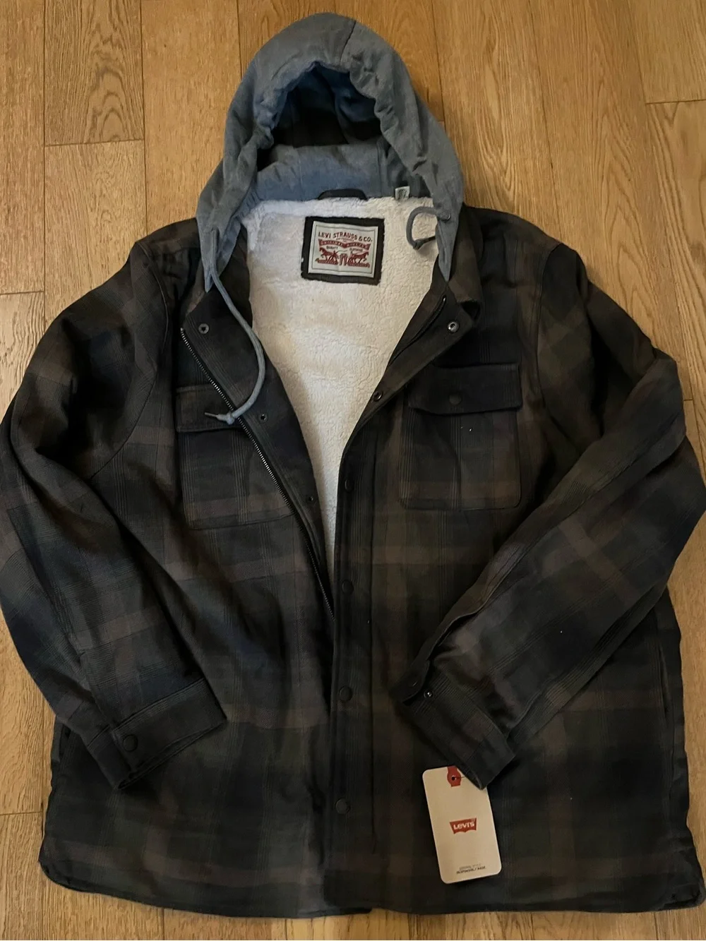 Levis Sherpa Lined Flannel Shirt Jacket Mens XXL New Brown Plaid Hooded Shacket - Picture 2 of 7